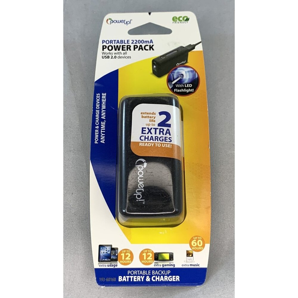 PowerUp! Portable 2200mA Power Pack USB Battery Charger With LED Flashlight NEW